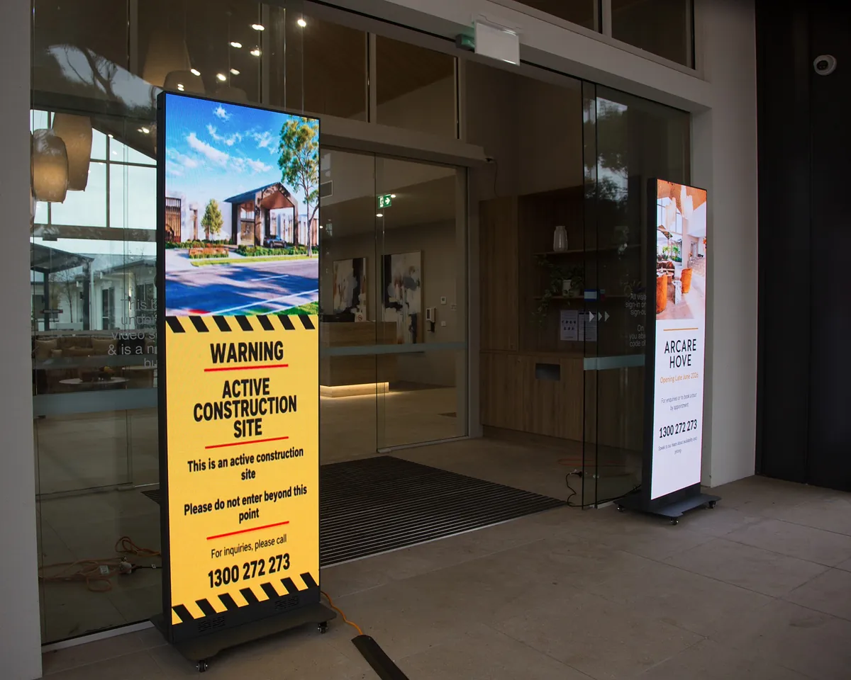 CSG LED indoor poster screens at the Arcare Hove entrance