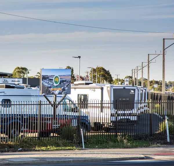 CSG LED outdoor hire trailer screen at a caravan dealership