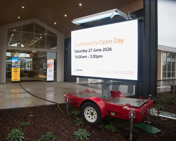 CSG LED trailer screen promoting an Arcare Hove community open day