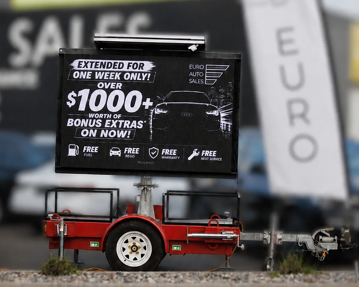 CSG LED mobile trailer screen set up at Euro Auto Sales